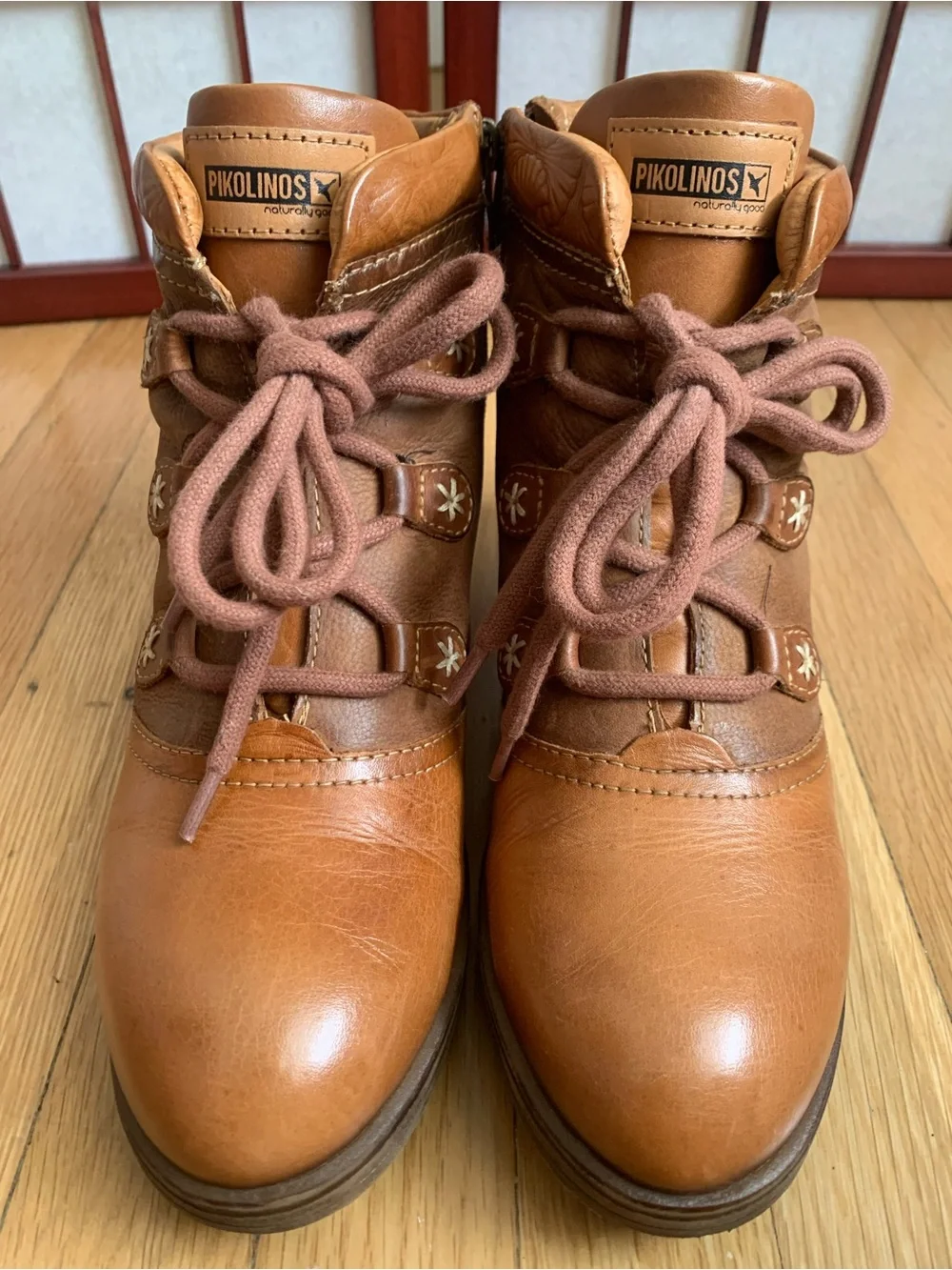 EUC PIKOLINO LYON Carmel/Brown Leather Lace-Up Side-Zip Ankle Boots Size 38/7.5